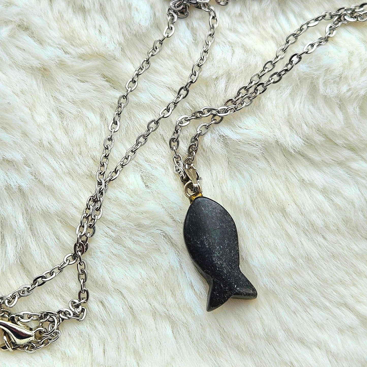 Silver sheen obsidian fish necklace