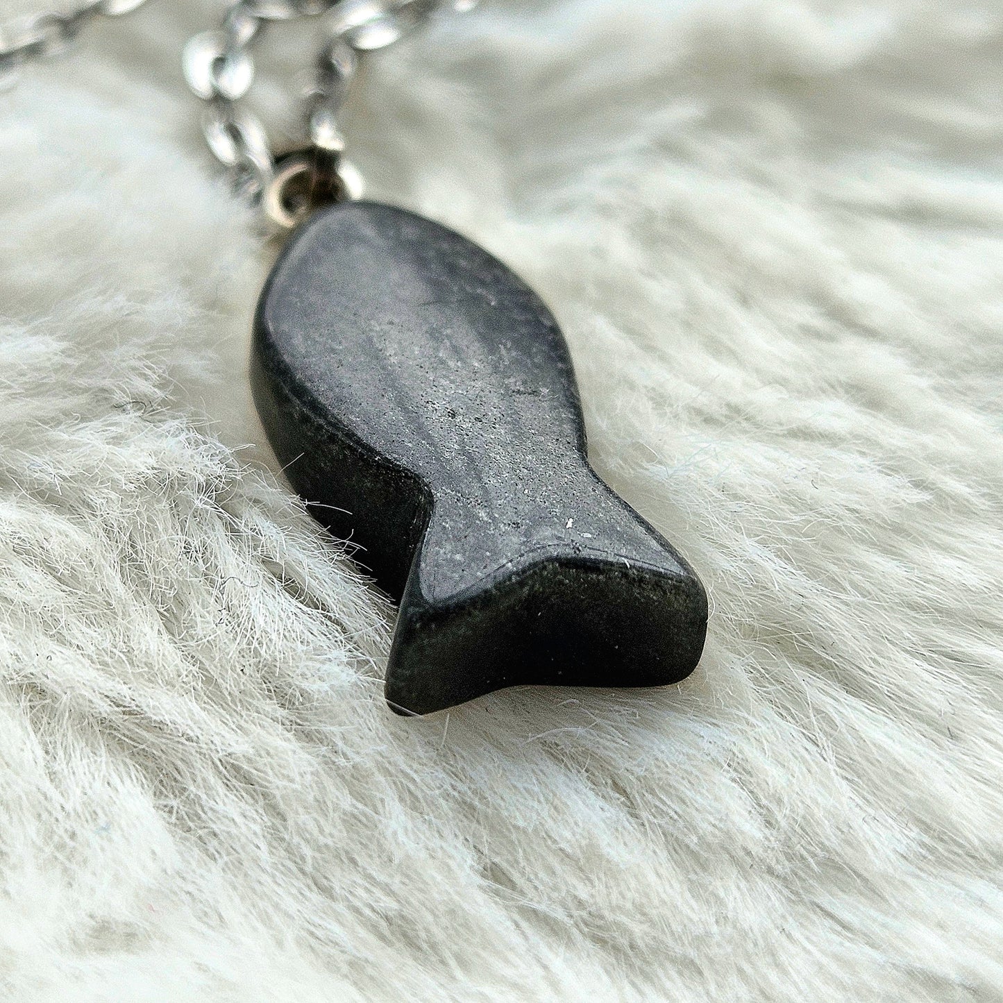 Silver sheen obsidian fish necklace